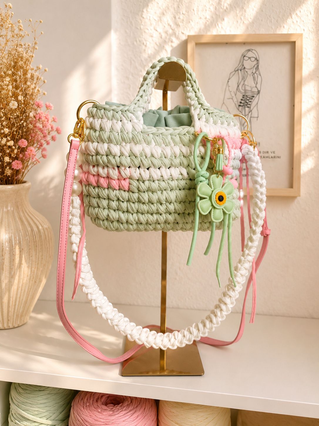 Mintgrüne und rosafarbene handgemachte Duduhook Tasche mit Blumenanhänger und weißem Schulterriemen
