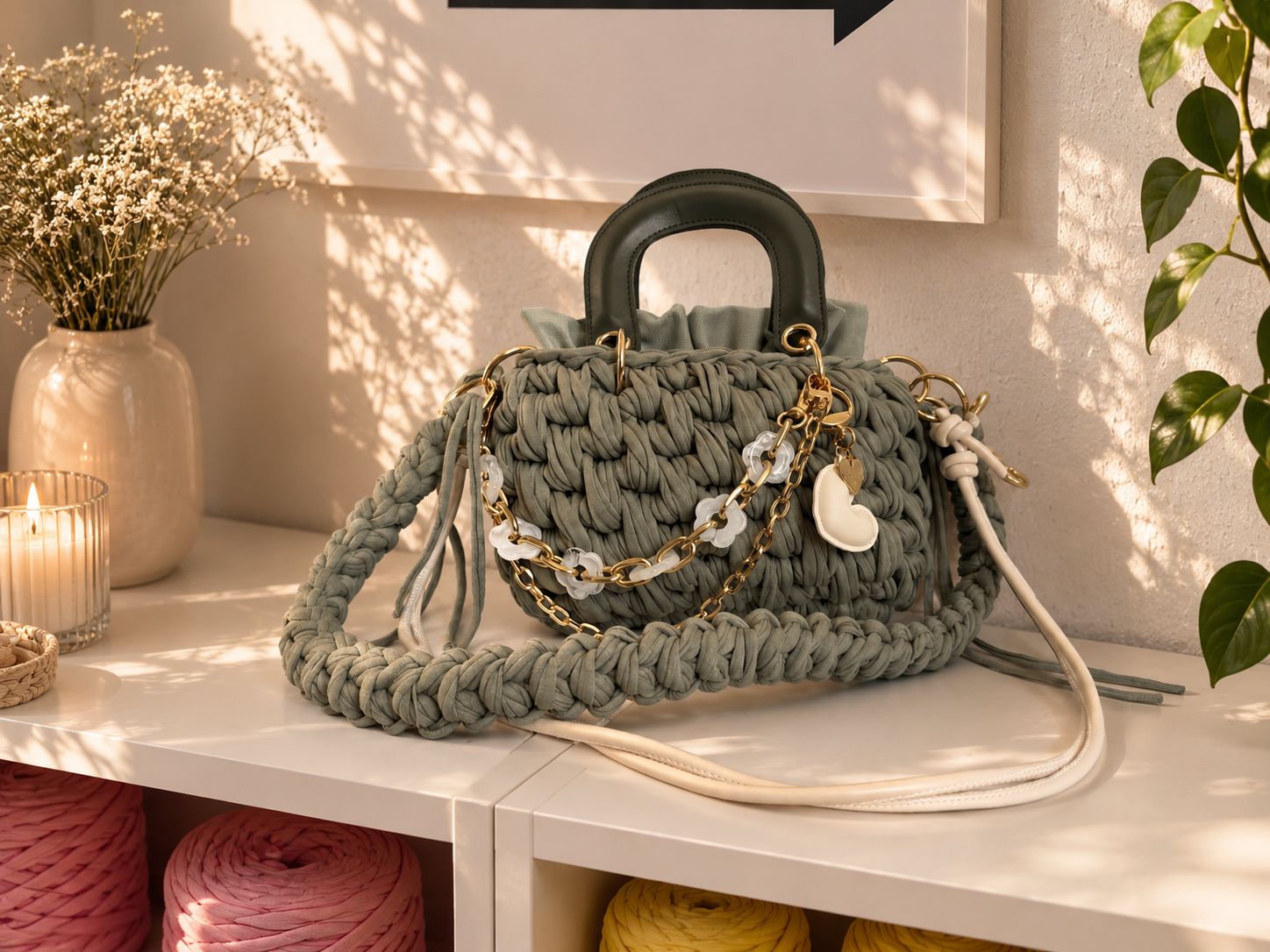 Olivegrüne handgemachte Duduhook Tasche mit dunklem Henkel, Goldketten und weißem Herz-Charm
